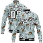Custom Teal Black-White Winter Snowy Landscape With Deer 3D Pattern Design Bomber Full-Snap Varsity Letterman Jacket