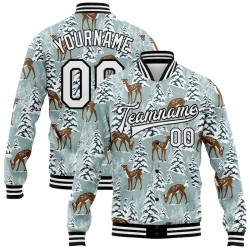 Custom Teal Black-White Winter Snowy Landscape With Deer 3D Pattern Design Bomber Full-Snap Varsity Letterman Jacket