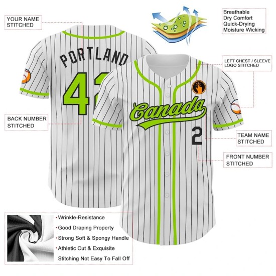Custom White Black Pinstripe Neon Green Authentic Baseball Jersey