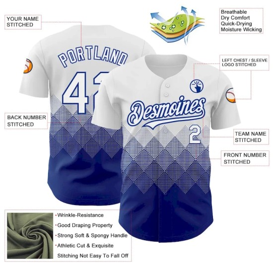 Custom White Royal 3D Pattern Design Gradient Square Shapes Authentic Baseball Jersey