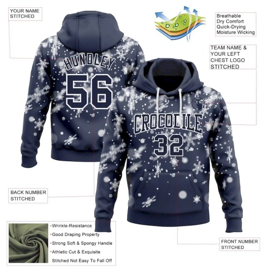 Custom Stitched Navy White Christmas Snowflakes 3D Sports Pullover Sweatshirt Hoodie Custom Stitched Navy White Christmas Snowflakes 3D Sports Pullover Sweatshirt Hoodie