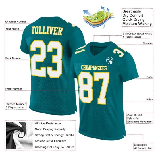 Custom Teal White-Gold Mesh Authentic Football Jersey Custom Teal White-Gold Mesh Authentic Football Jersey