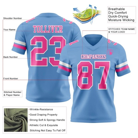 Custom Light Blue Pink-White Mesh Authentic Football Jersey