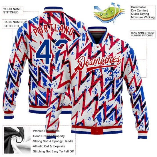 Custom White Royal-Red 3D Pattern Design Bomber Full-Snap Varsity Letterman Jacket Custom White Royal-Red 3D Pattern Design Bomber Full-Snap Varsity Letterman Jacket