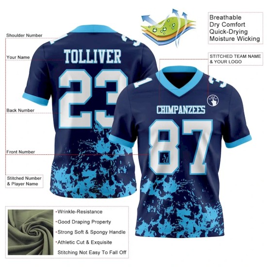 Custom Navy White-Sky Blue Splash Mesh Authentic Football Jersey