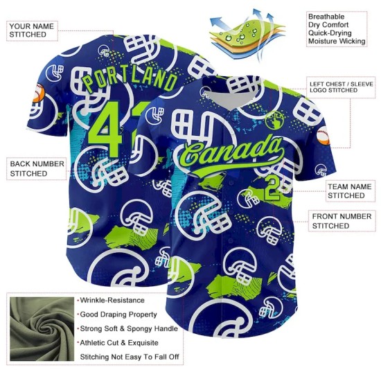 Custom Royal Neon Green-White 3D Pattern Design Football Helmet Authentic Baseball Jersey